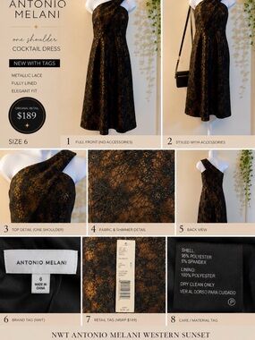 Antonio Melani NWT One Shoulder Metallic Lace Cocktail Dress 6